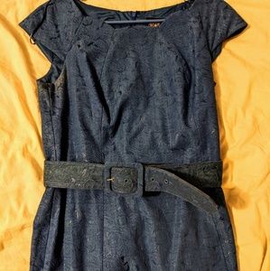 JAX blue brocade belted sheath dress